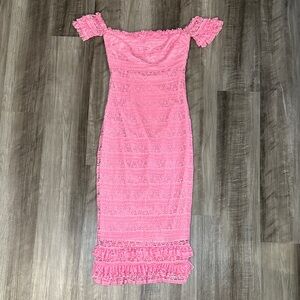 Likely Milaro Pink Lace Off-Shoulder Midi Dress - 00